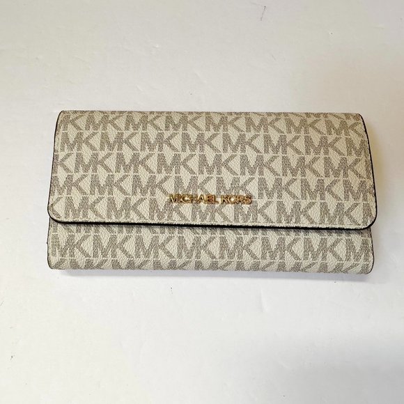 Michael Kors Jet Set Travel Large Trifold Wallet MK Signature Vanilla Brown - Picture 5 of 10